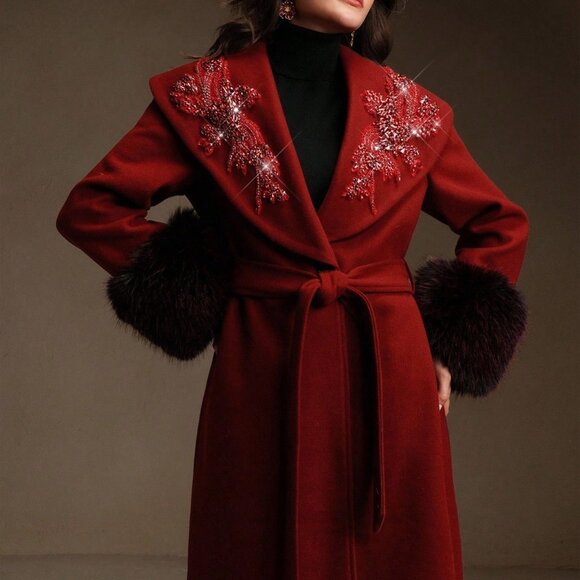 Burgundy Elegant Women's Embroidered Long Coat - Picture 7 of 8